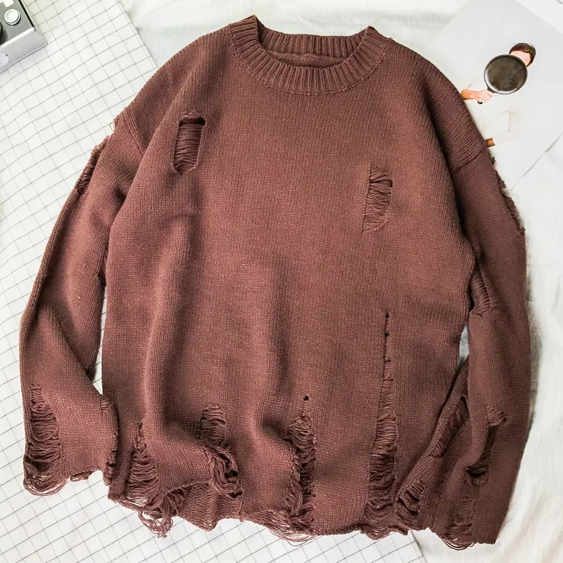 Spring Ulzzang Hole Sweater Mens Bf Style Line Clothes Korean Version Couple Top Jacket Casual Scene Crew Neck 250704