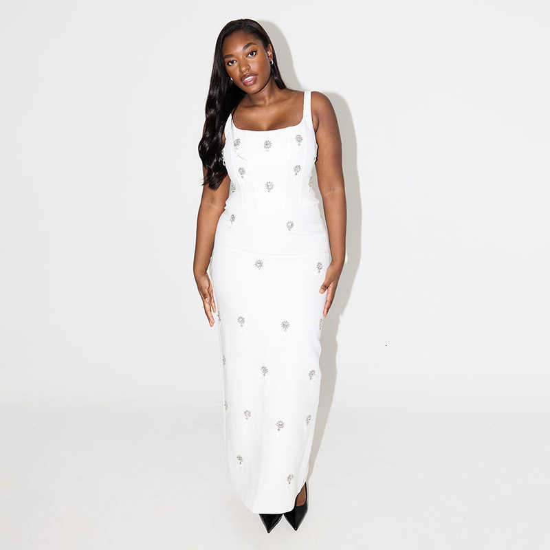 Fashion Evening Dress Women's Sleeveless Square Neck Crystal Embellished Socialite Style Backless Slit Long Dress Set