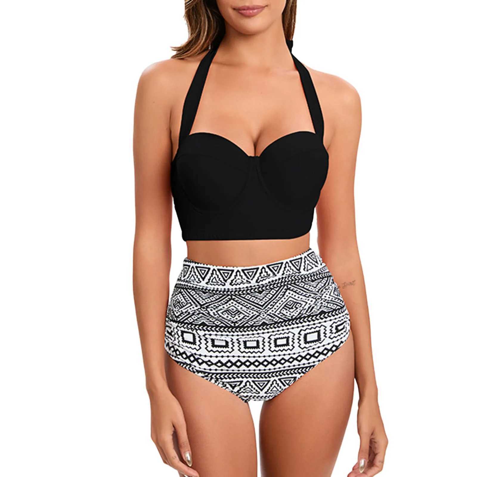 2025 New Women Halter Bikini Sets High Waist Swimsuits Retro Ruched Print Female Swimwear Summer Bathing Suit Biquini XJ250624