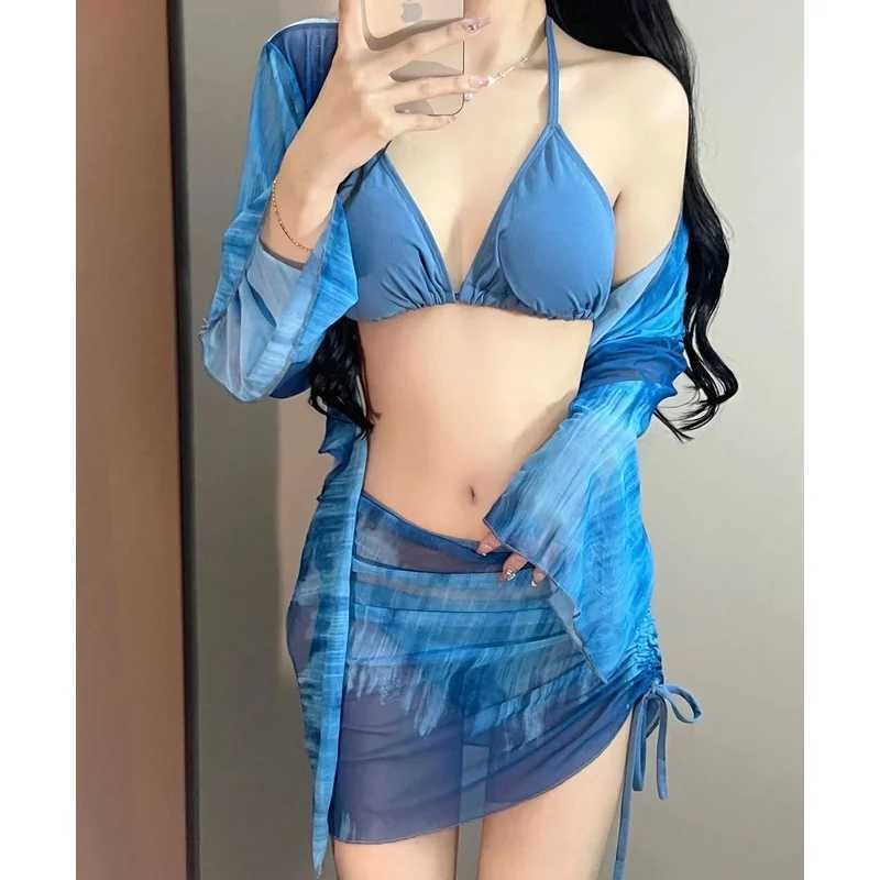 4 Piece Bikini Set Women Blue Tie Dye Mesh Long Sleeve Cover Up with Pleated Skirt Swimsuit Beach Bathing Suit Swimwear XJ250624
