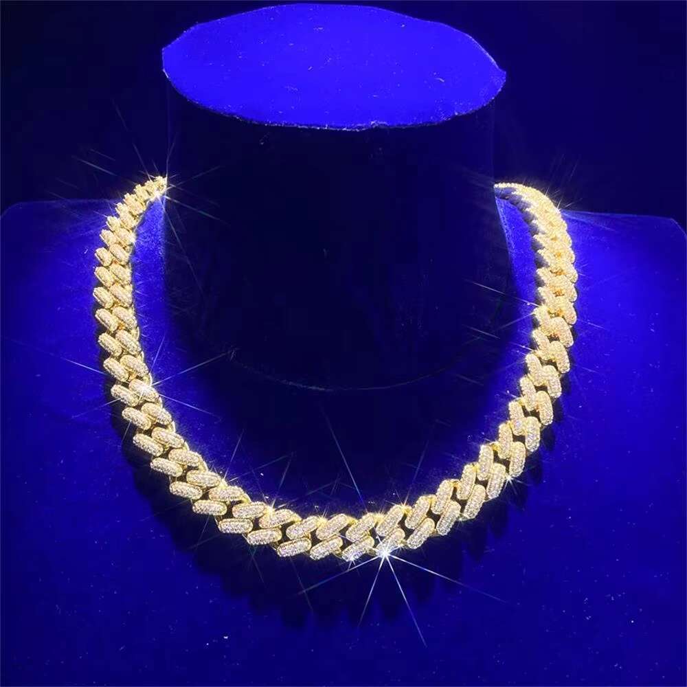 Hip Hop Classic Gold Plated 925 Silver Cuban Link Chain Necklace Iced Out VVS Moissanite Diamond for Men