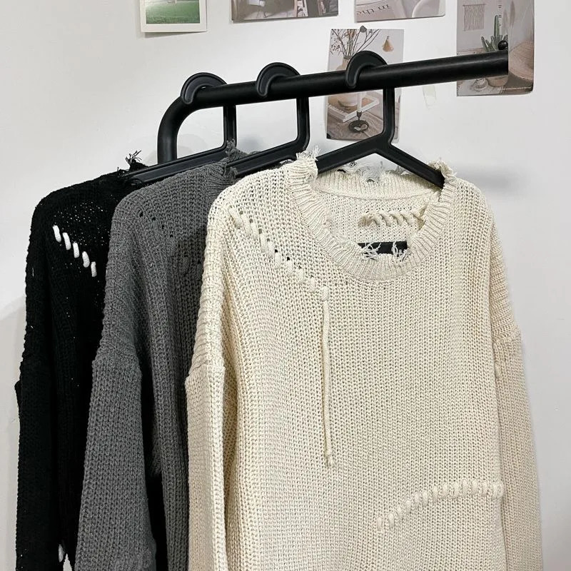 Vintage Hole Tassels Sweater Men Women Autumn Long Sleeves Kint Tops Fashion Loose Knitted Pullover Couples Unisex Streetwear 250704