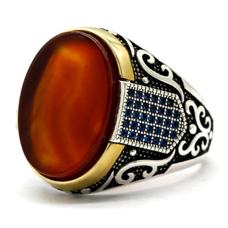 Seven Color S925 Sterling Silver Antique turkiye Blue Zircon and Agate Punk Rock Hand made Mens Ring Gift 250716