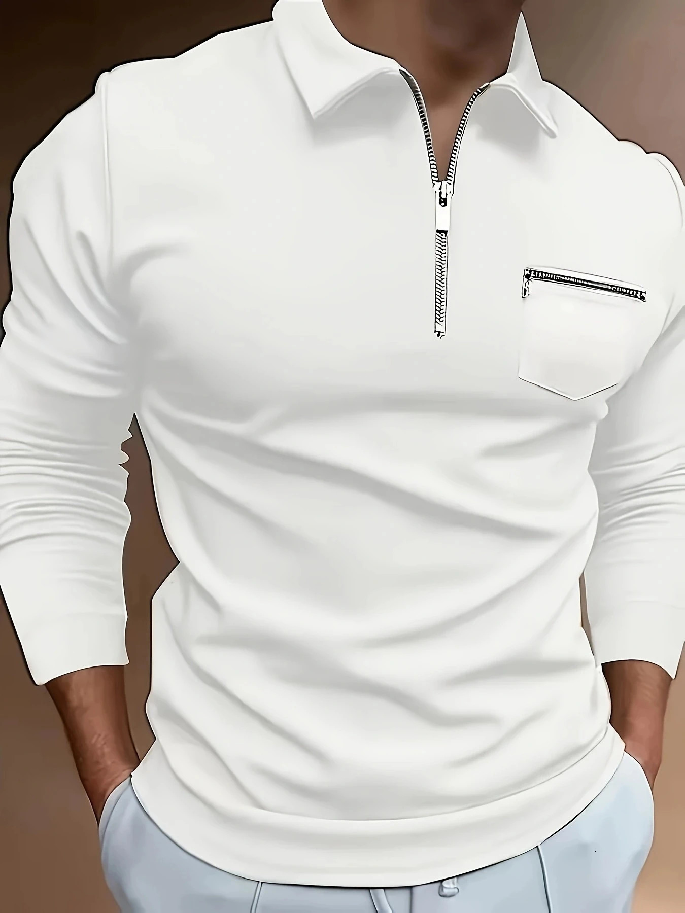 Solid color mens comfortable long sleeved zipper lapel shirt with chest pocket fashionable and casual long sleeved polo shirt 250704