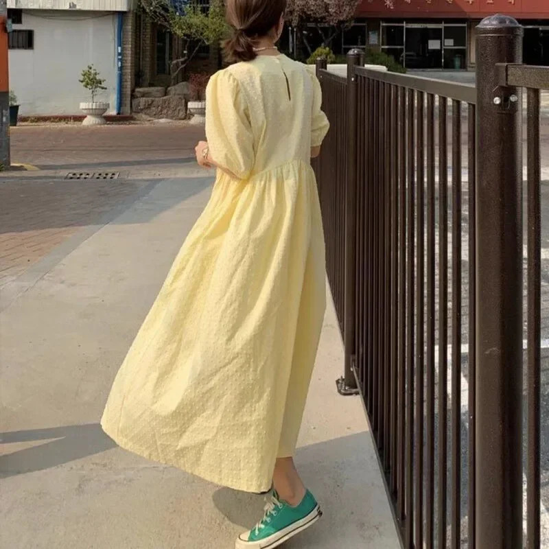 Women Long Dress Summer Casual O-neck Puff-Sleeve Party Dresses Dots Elegant Female Ladies Loose Vestidos Femme 9941 250704