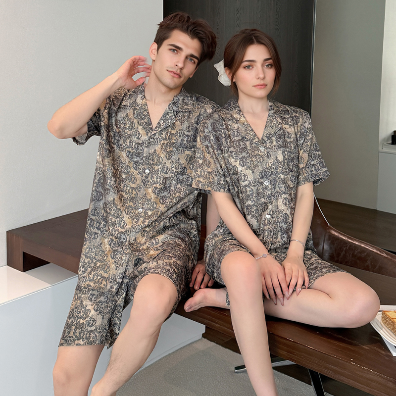 Ice Silk Printed Couples' Pajamas for Women, Summer Lightweight Style, 2025 New Arrival, Collared Short-Sleeve Men's Luxury Homewear Set0