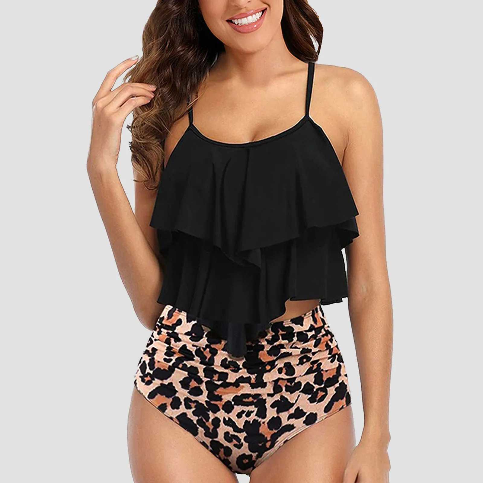 2 Pcs Women Monokini Sets Leopard Split Conservative Bathing Suits Ruffles Hem Tank Tops With Bikini Bottoms Beachwear Swimsuit XJ250624