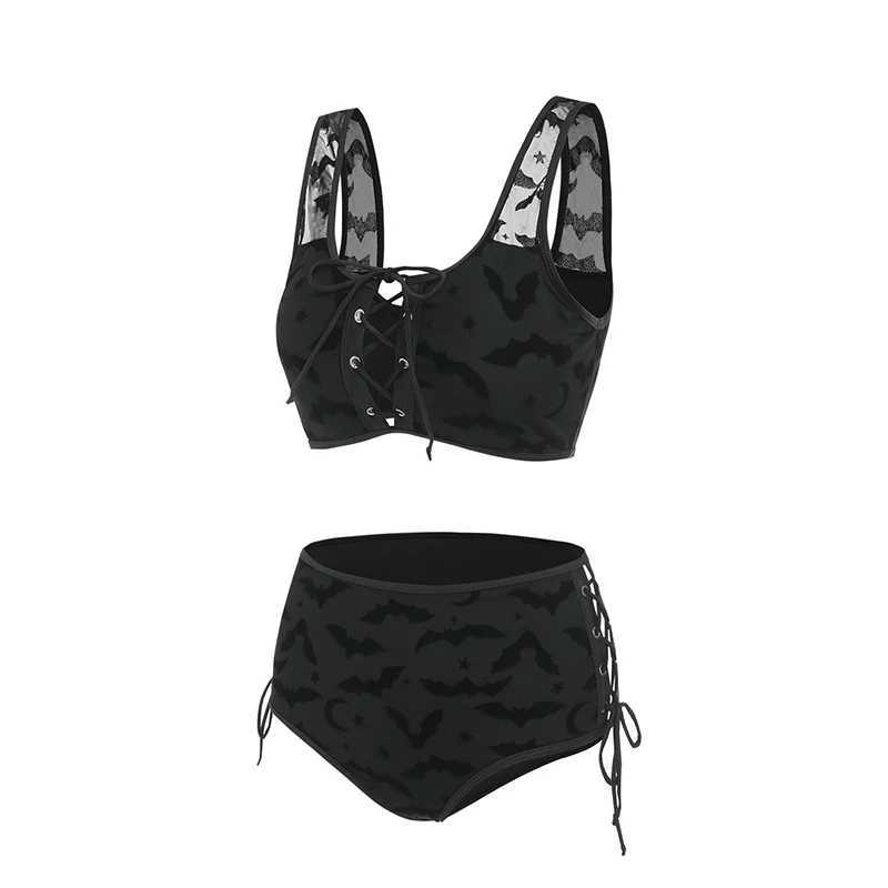 Bat Crescent Mesh Lace-Up Padded Bikini Set Women Fashion Summer Tankini Swimsuit Two Pieces Bathing Suit Beachwear XJ250624
