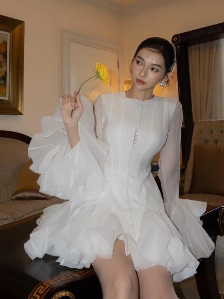 Puffy Flared Long Sleeve Dress Waist Cinched Round Neck Big Skirt Hem Party Gown French Slim Fit Fairy Short Dresses Summer 250704