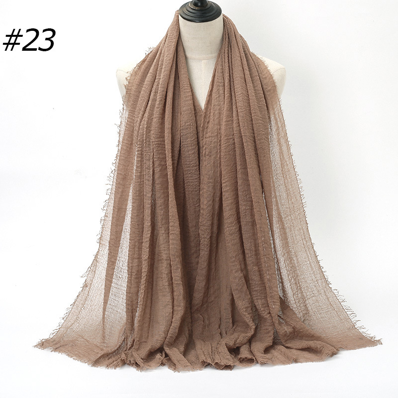 K1242 Hot sale wrinkled solid color cotton headscarf factory source cotton and linen wrinkled fur edge ladies scarf BS414