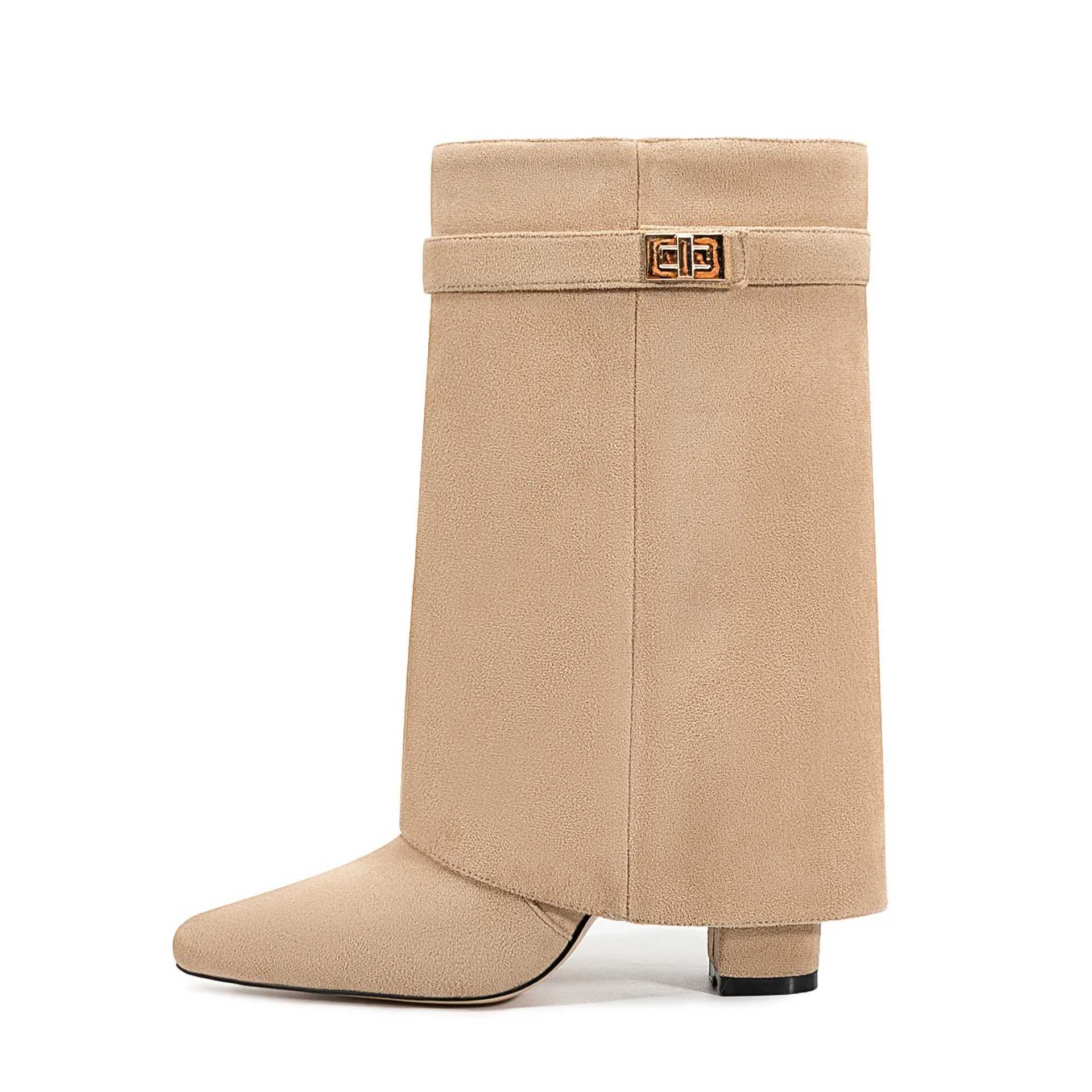 2025Autumn and Winter New Pointed Metal Knee High Womens Boots Thick High-heeled Pants Boots Fashionable Mid Leg Boots Z250704