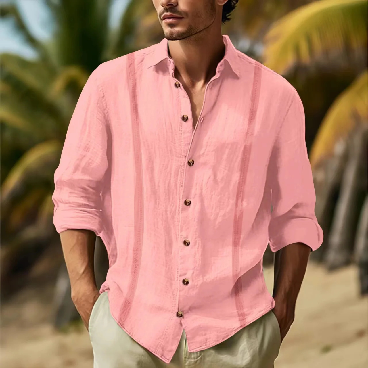 spring and autumn mens long sleeve lapel double ribbon splicing solid color Cuba Guayabella cotton hemp casual shirt 250704