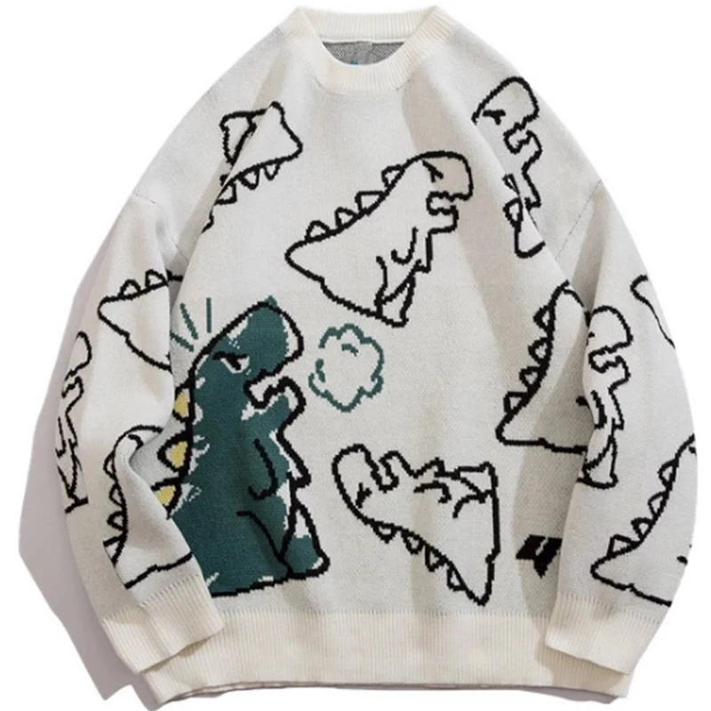 Sweater Men Harajuku Fashion Knitted Hip Hop Streetwear Dinosaur Cartoon Pullover Oversized Casual O-Neck Women Vintage Sweaters 250704