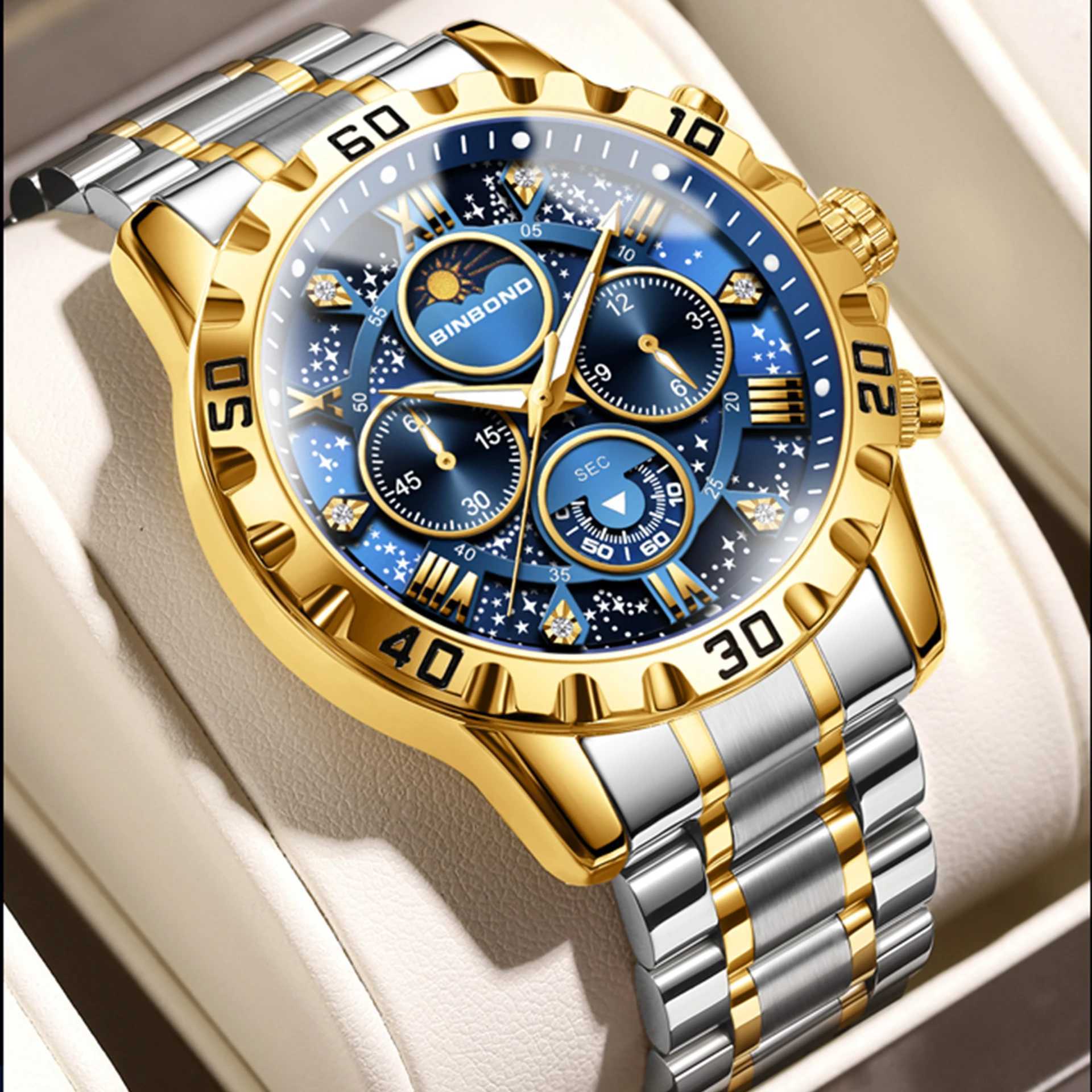 BINBOND Luxury Mens Watches Sports Quartz Wrist Watch for Man Waterproof Stainless Steel Luminous Chronograph Date Moon Phase W250704