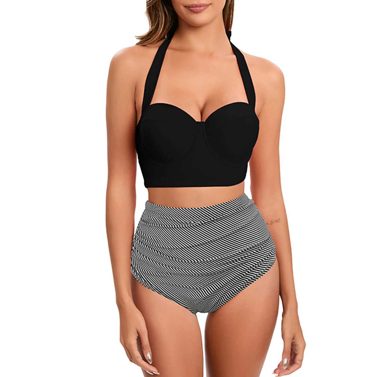 2025 New Women Halter Bikini Sets High Waist Swimsuits Retro Ruched Print Female Swimwear Summer Bathing Suit Biquini XJ250624