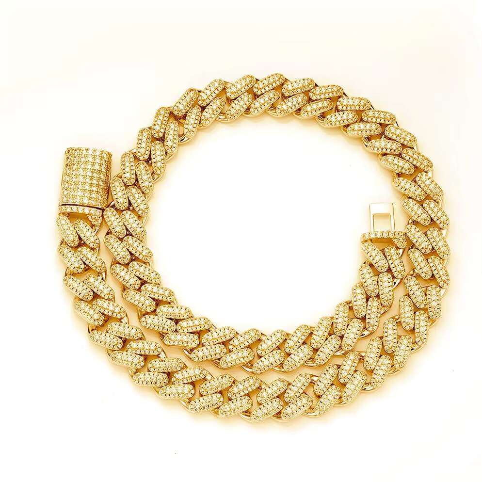 Hip Hop Classic Gold Plated 925 Silver Cuban Link Chain Necklace Iced Out VVS Moissanite Diamond for Men