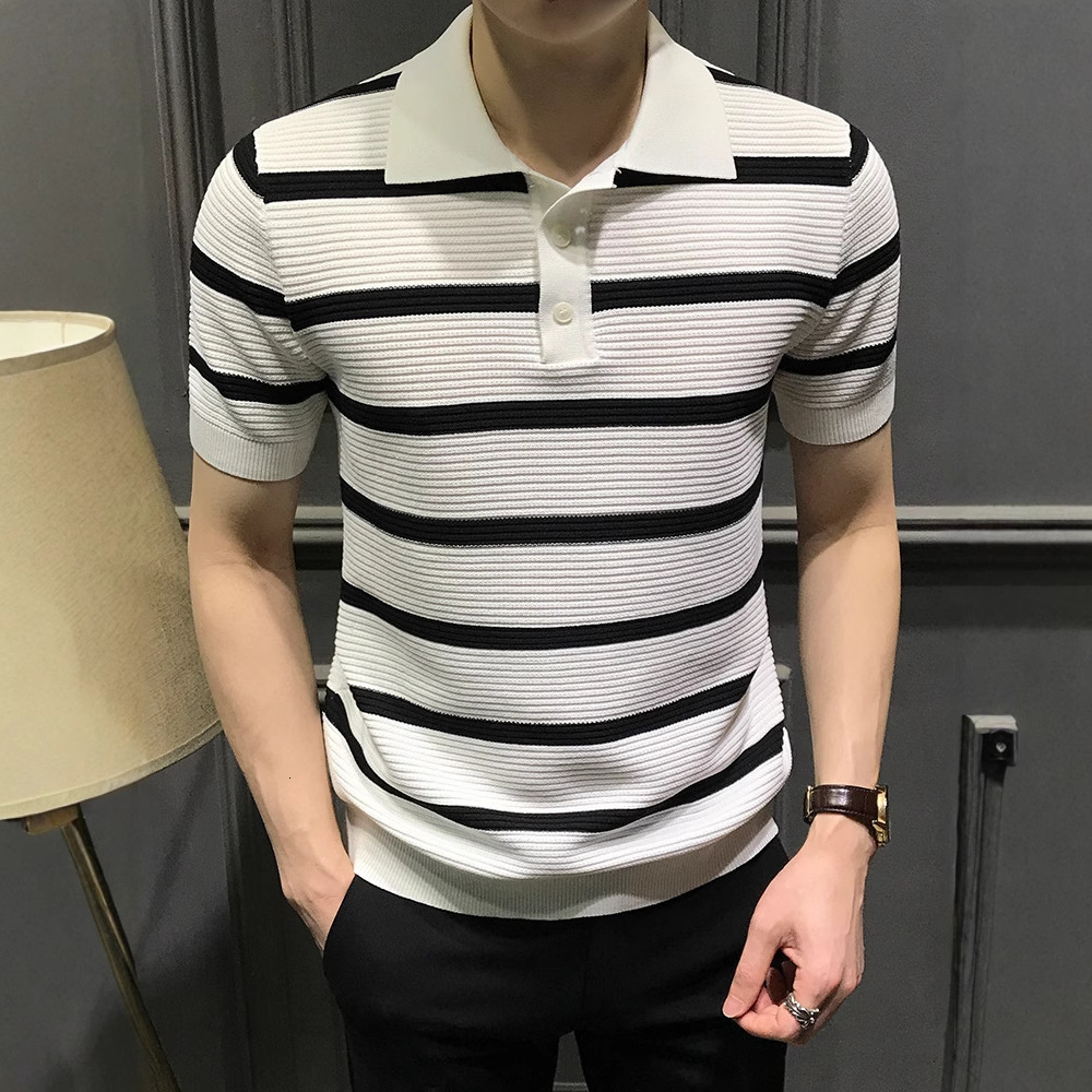 Summer Premium Striped Short Sleeve Polo Shirt Men Fashion Versatile Slim Designer Short Sleeves Fit Turn-down Collar T-shirt Trendy Business Cool Tee