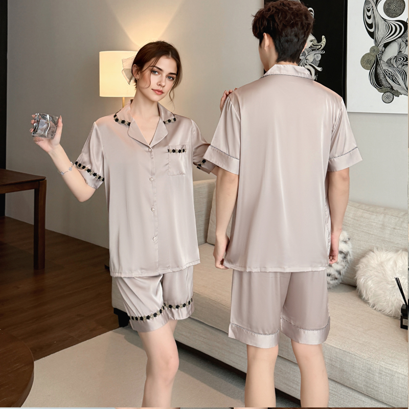 Summer Ice Silk Nightgown for Women Acetate Silk Short-Sleeve Cardigan Set Couple's Homewear