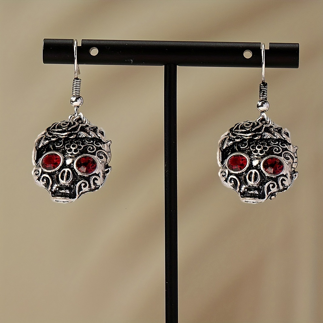 A Pair Of Cute Hip-Hop Red-Eyed Skull Pendant Earrings With Flower Pattern