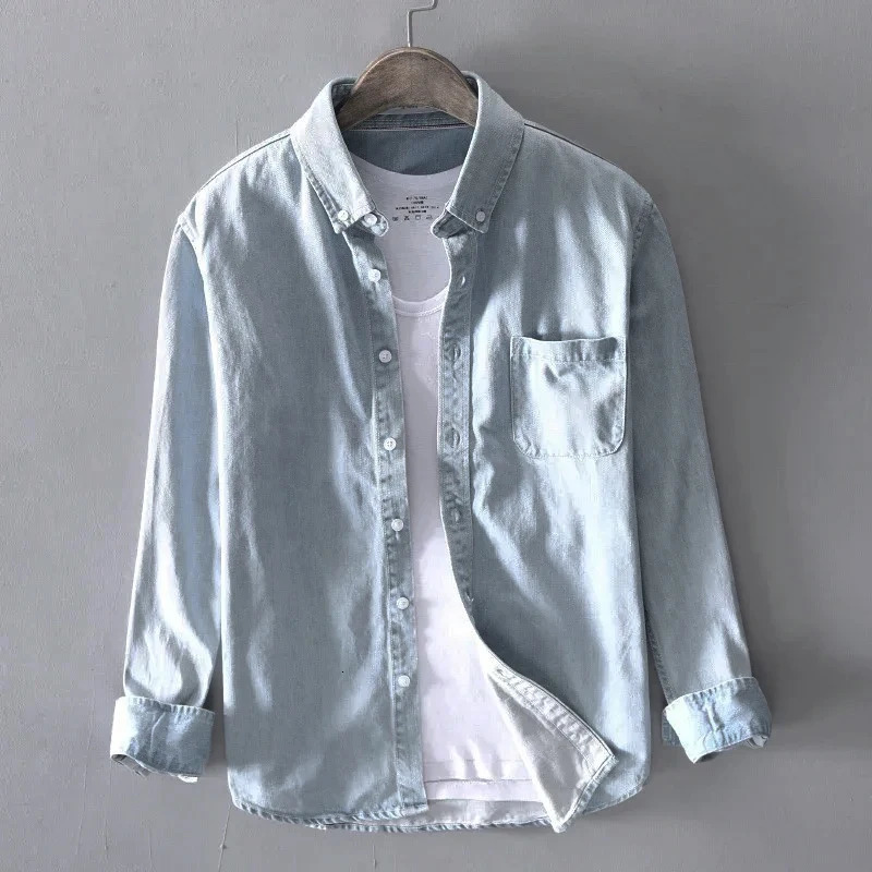 100% Cotton Autumn Long-sleeved Denim Shirt Men Fashion Casual High Street Male Clothes Top Classic Light Blue Black Gray 250704