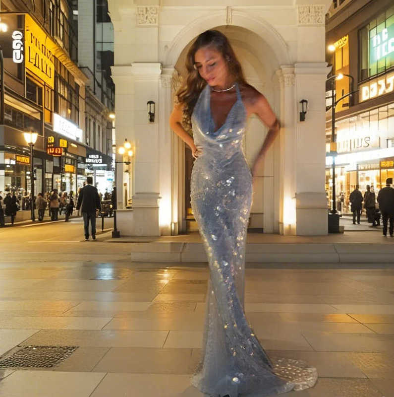 Fashion Evening Dress Hanging neck fish tail big sequin dress 2025 spring new dress