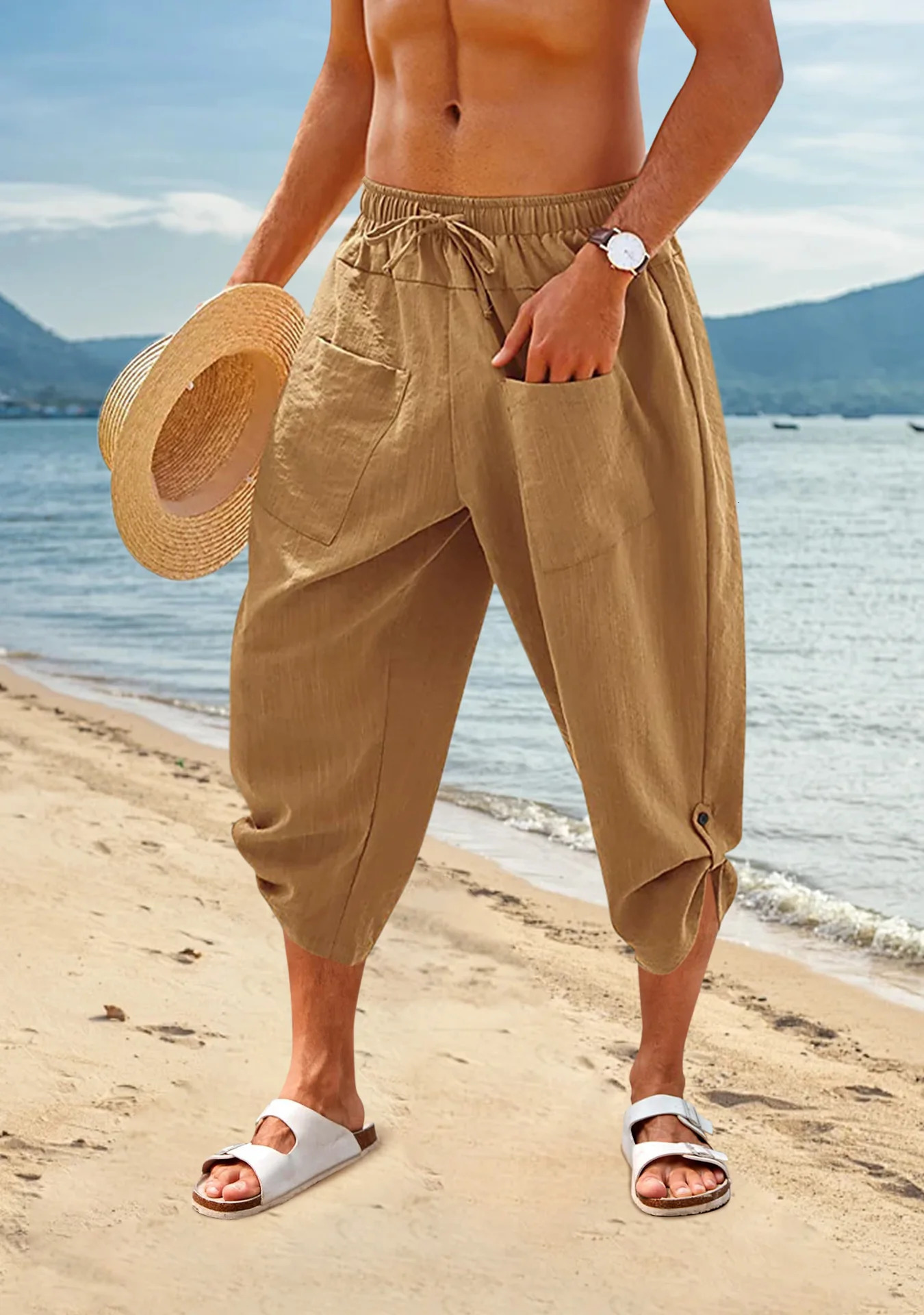 Mens Loose Cotton Linen Pants Large Size Drawstring 34 Shorts Casual Beach Pants Yoga Pants Lightweight Shorts 250704