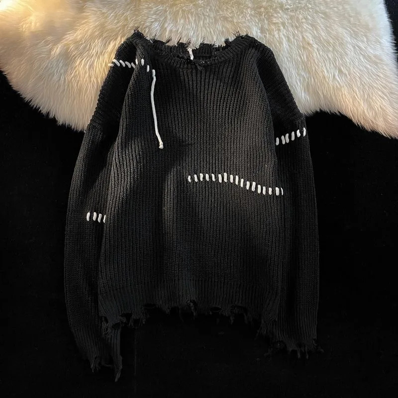 Vintage Hole Tassels Sweater Men Women Autumn Long Sleeves Kint Tops Fashion Loose Knitted Pullover Couples Unisex Streetwear 250704