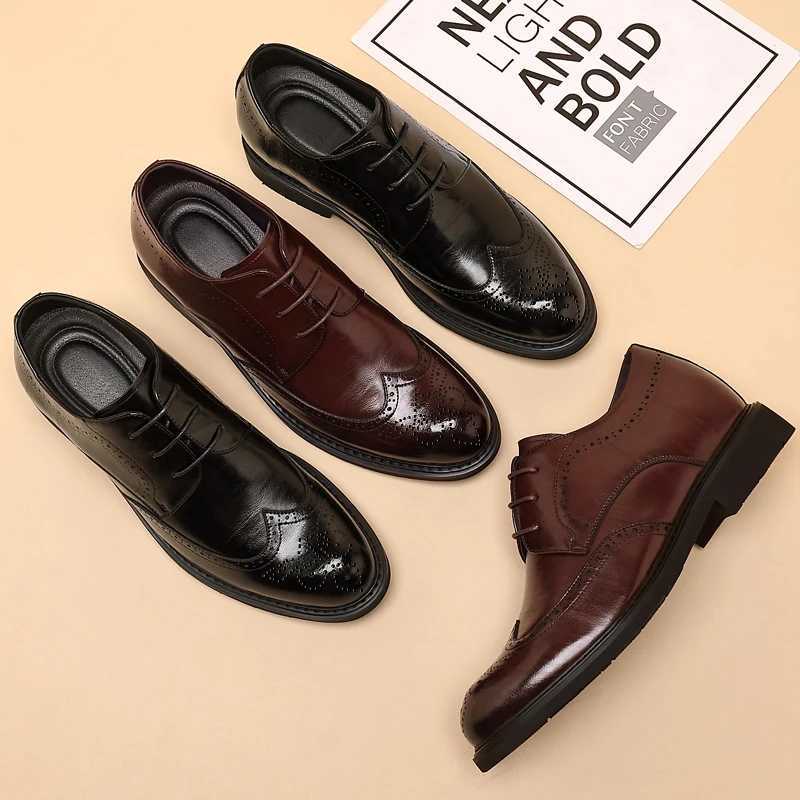 Mens Dress Brogues Elevator Shoes Platform Breathable Casual Business Luxury Genuine Leather Heightening Shoes 6 8CM Taller Man W250705
