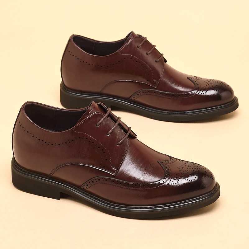 Mens Dress Brogues Elevator Shoes Platform Breathable Casual Business Luxury Genuine Leather Heightening Shoes 6 8CM Taller Man W250705