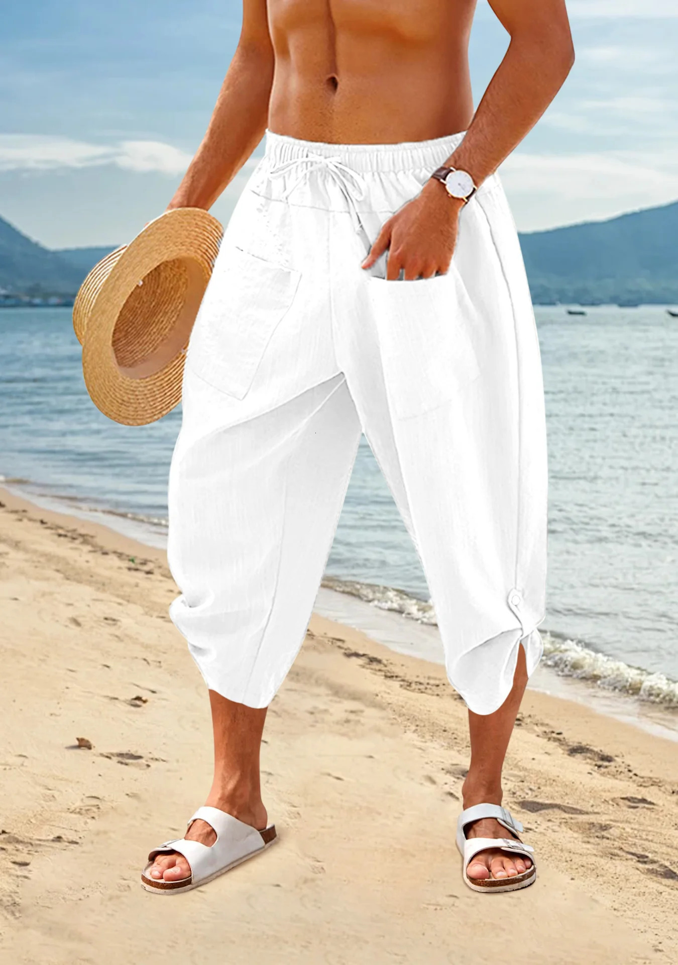 Mens Loose Cotton Linen Pants Large Size Drawstring 34 Shorts Casual Beach Pants Yoga Pants Lightweight Shorts 250704