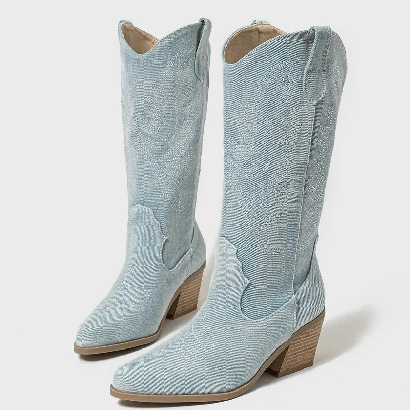 Women Embroidered Western Knight Boots Thick Heel Mid-calf Boots for Office Business Nightclub Party Banquet Zapatos De Mujer 250704