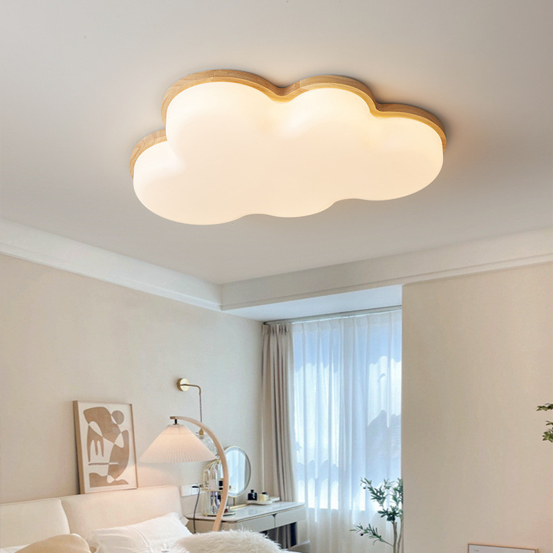 Full Spectrum Cloud Cream Wooden Ceiling Lamp for Kids' Bedrooms with Smart Features Eco-friendly Rustic Design LED Pendant Chandelier with Adjus