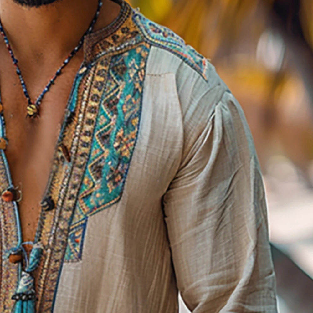 Ethnic Mens Linen Shirt Autumn Long Sleeve Male Clothing Fashion Streetwear V-Neck Print Men Blouse Tops Plus Size Causal Shirt 250704