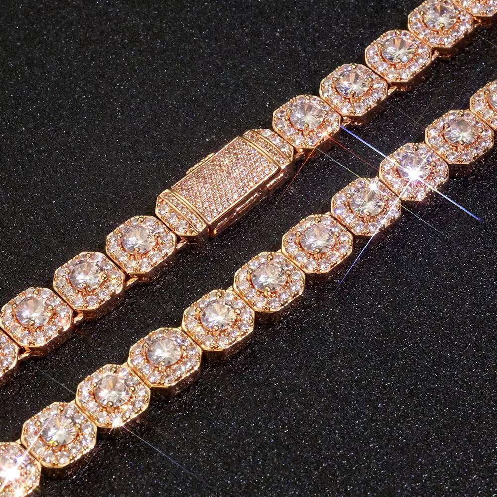 Hip Hop Jewelry 10/12mm Rose Gold Plated Clustered Tennis Chain Necklace Bling Iced Out Moissanite Choker Necklaces for Women