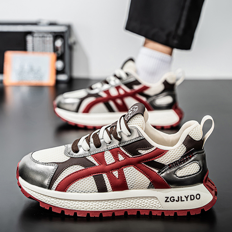 Free shipping 2025 casual shoes men color blocked breathable mesh sports shoes comfortable height increasing dad shoes