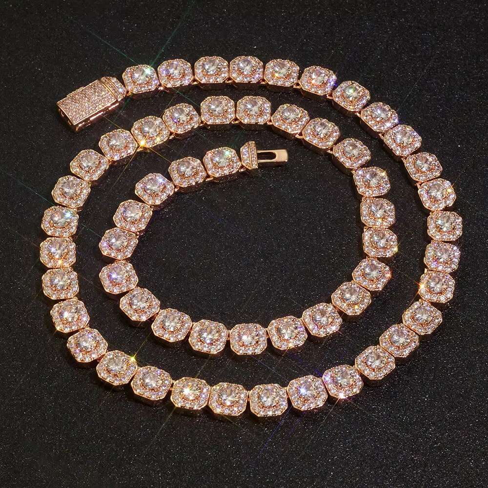 Hip Hop Jewelry 10/12mm Rose Gold Plated Clustered Tennis Chain Necklace Bling Iced Out Moissanite Choker Necklaces for Women
