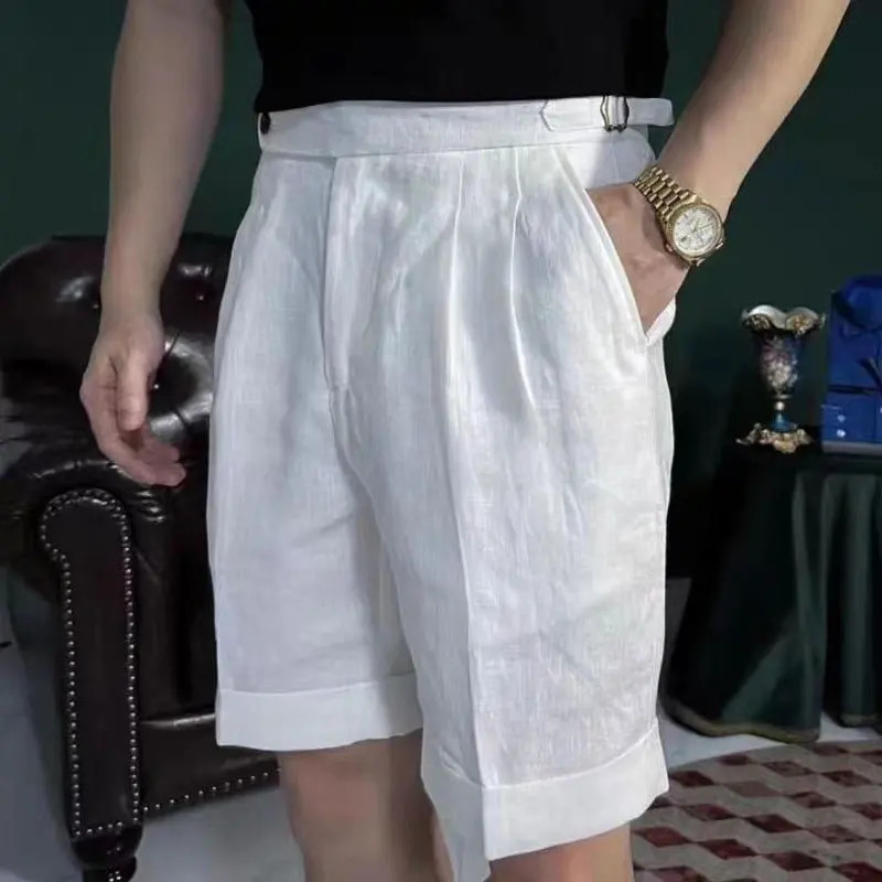 British Style Men Naples Cotton Linen Shorts Paris Waist Buckle Knee Length Trouser Summer High Quality Casual Loose Shorts 250704