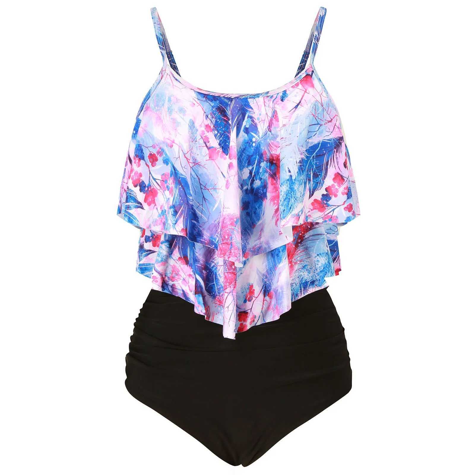 2 Pcs Women Monokini Sets Leopard Split Conservative Bathing Suits Ruffles Hem Tank Tops With Bikini Bottoms Beachwear Swimsuit XJ250624