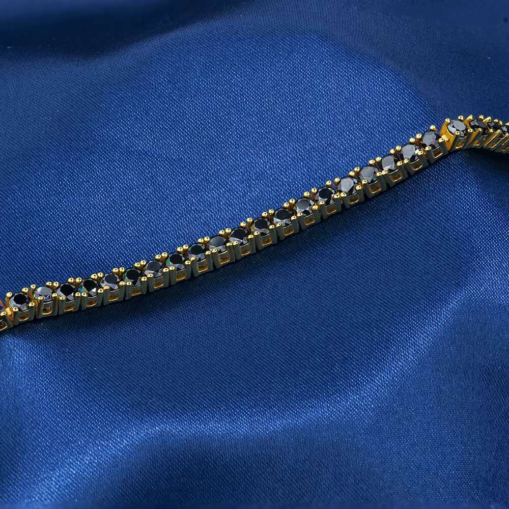 Wholesale Hiphop Jewelry 925 Sterling Silver Yellow Gold Plated Round Shape Black Moissanite Diamond Tennis Link Chain Bracelet