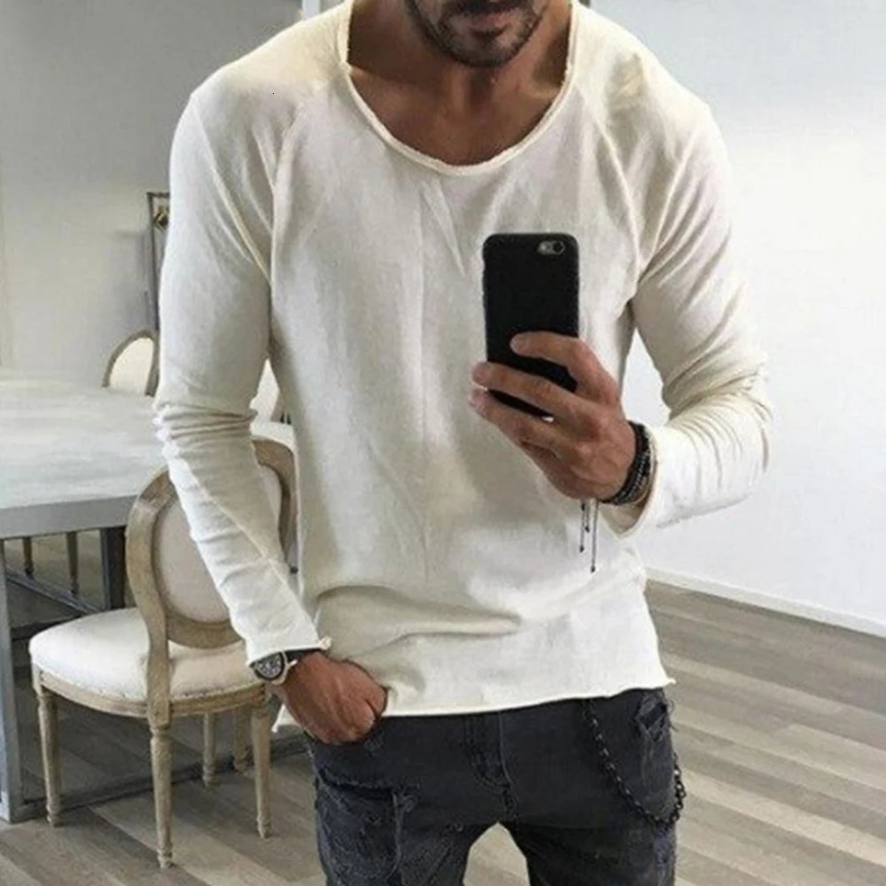 Mens Casual Round Neck Top Autumn And Winter Fit Youth Personality Raw Edge Solid Color Long-Sleeved T-Shirts For Men 250704