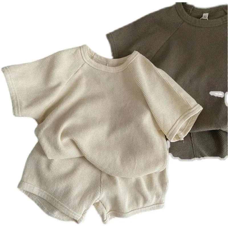 Summer Kids Baby Boys 2PCS Clothes Set Cotton Solid Simple T-shirts Thin Waffle Shorts Suit Toddler Boys Outfits 250729