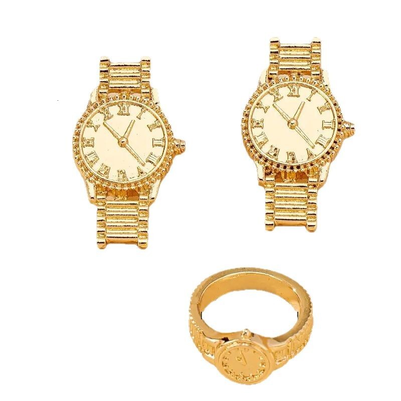 Minimalist Gold Yellow Jewelry Set Earrings Pair Ring 1 Piece Women's Light High-End Quartz Watch Design