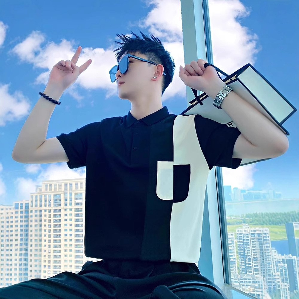 Light Designer Short Sleeves Luxury Summer Patchwork Polo Shirt Short Sleeve Men 2025 New Summer Half Sleeve Top Korean Style Color Block T-shirt Men&