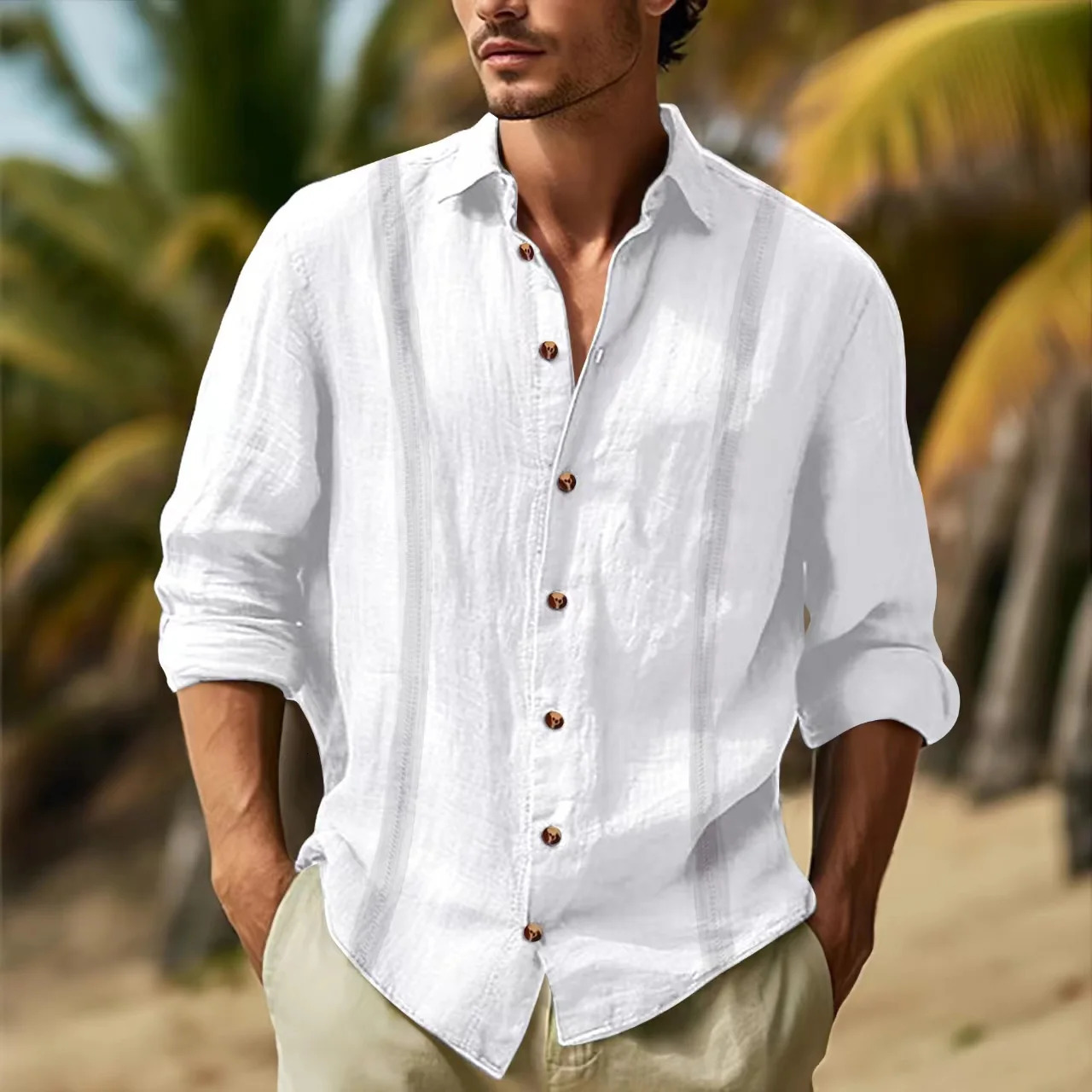 spring and autumn mens long sleeve lapel double ribbon splicing solid color Cuba Guayabella cotton hemp casual shirt 250704