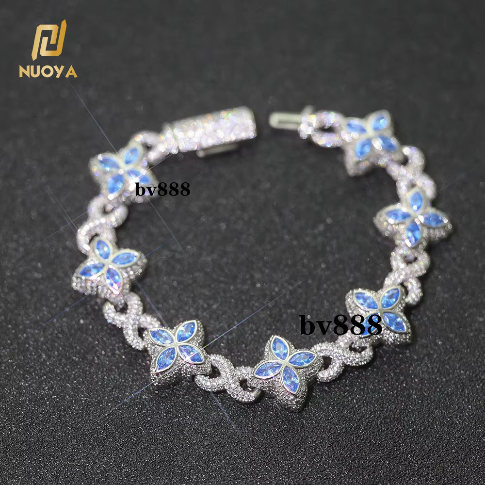 New Style 8mm Hip-Hop Jewelry Colorful Four Leaf Clover Chain Silver Plated Brass 5A Moissanite Cuban Chain Bracelet for Women