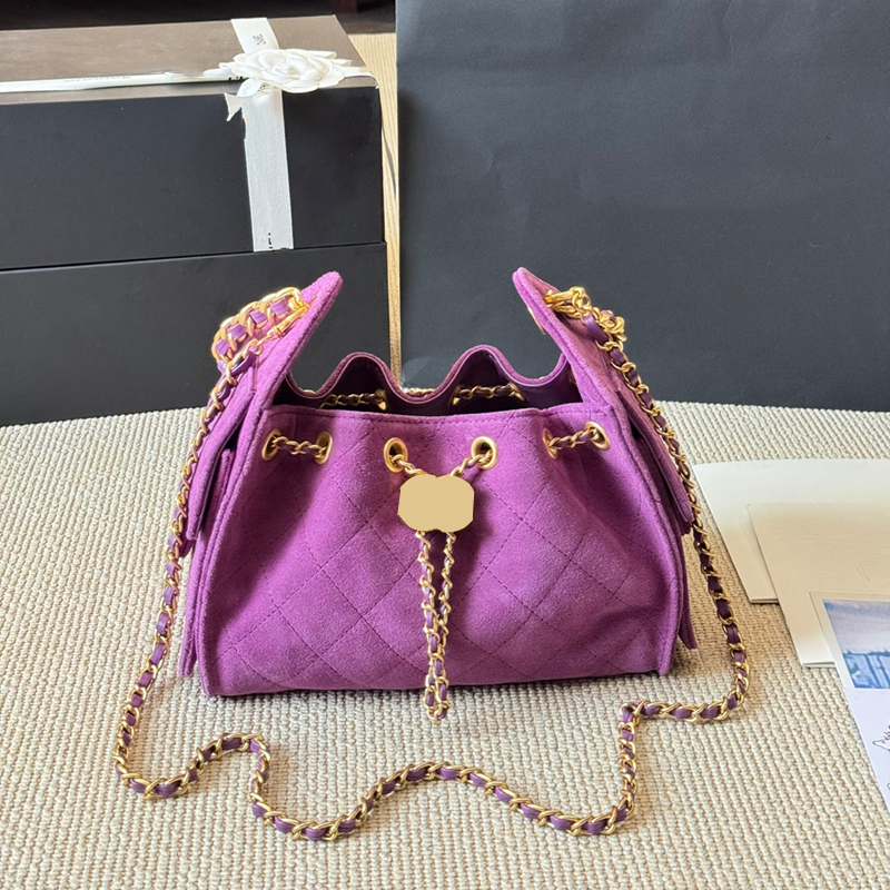 Mini Ladies Casual Suede Fashion Shoulder Bag String Bucket Tote Diamond Lattice Golden Letters Hardware Adjustable Woven Chain Outdoor Soft Makeup Sacoche 22cm