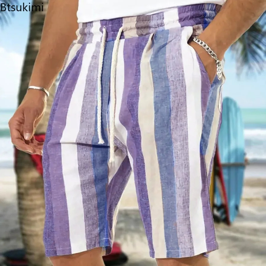 Trendy Contrast Color Striped Shorts for Men Comfy Cotton Linen Summer Casual Drawstring Beach Shorts Men Loose Sport Yoga Pants 250704