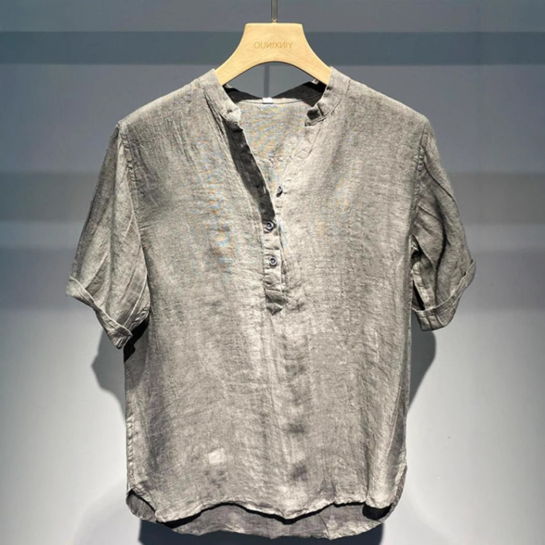 American-style Round-neck Short-sleeve for Men, Summer Large Size 150kg Fashion Loose Linen Casual Shirt