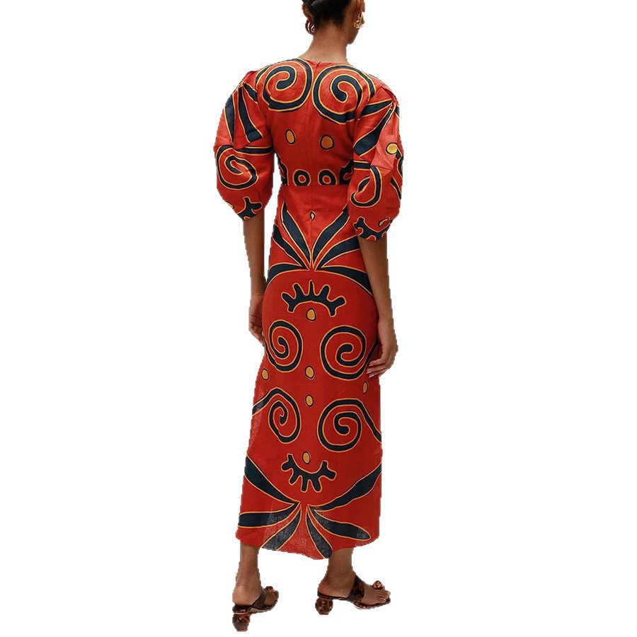 D74Foreign trade positioning printed linen dress INS casual holiday loose dress