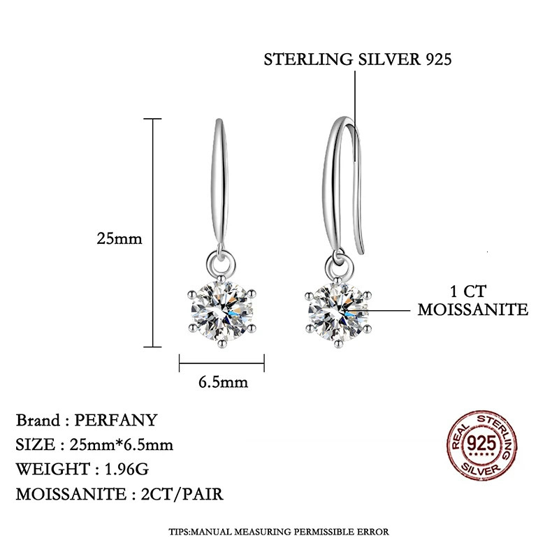 PERFANY 051CT Drop Earring Women S925 Pure Silver Classic Six Claw Laboratory Diamond Fashion Wedding Jewelry 250627